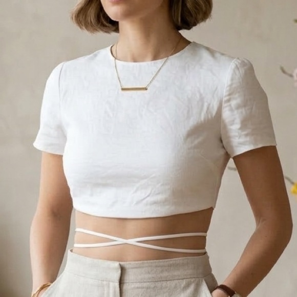 Zara Tops - Zara White Satin Crop Top Tie Back Short Sleeve Size M EU 38